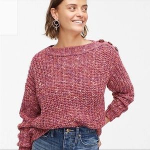 NWT J. Crew Chunky Knit Button Detail Pullover Sweater, Bright Ruby Marl, XS.